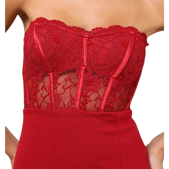Lulus Exquisitely Sultry Wine Red Lace Strapless Bustier Midi Dress Size Large - Picture 2 of 12